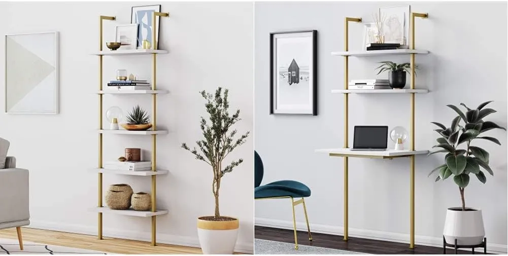 Nathan James Theo 5-Shelf Modern Bookcase, Open Wall Mount Ladder Bookshelf, White/Gold & Theo 2-Shelf Industrial Wall Mount Ladder Small Computer or Writing Desk, White/Gold Brass
