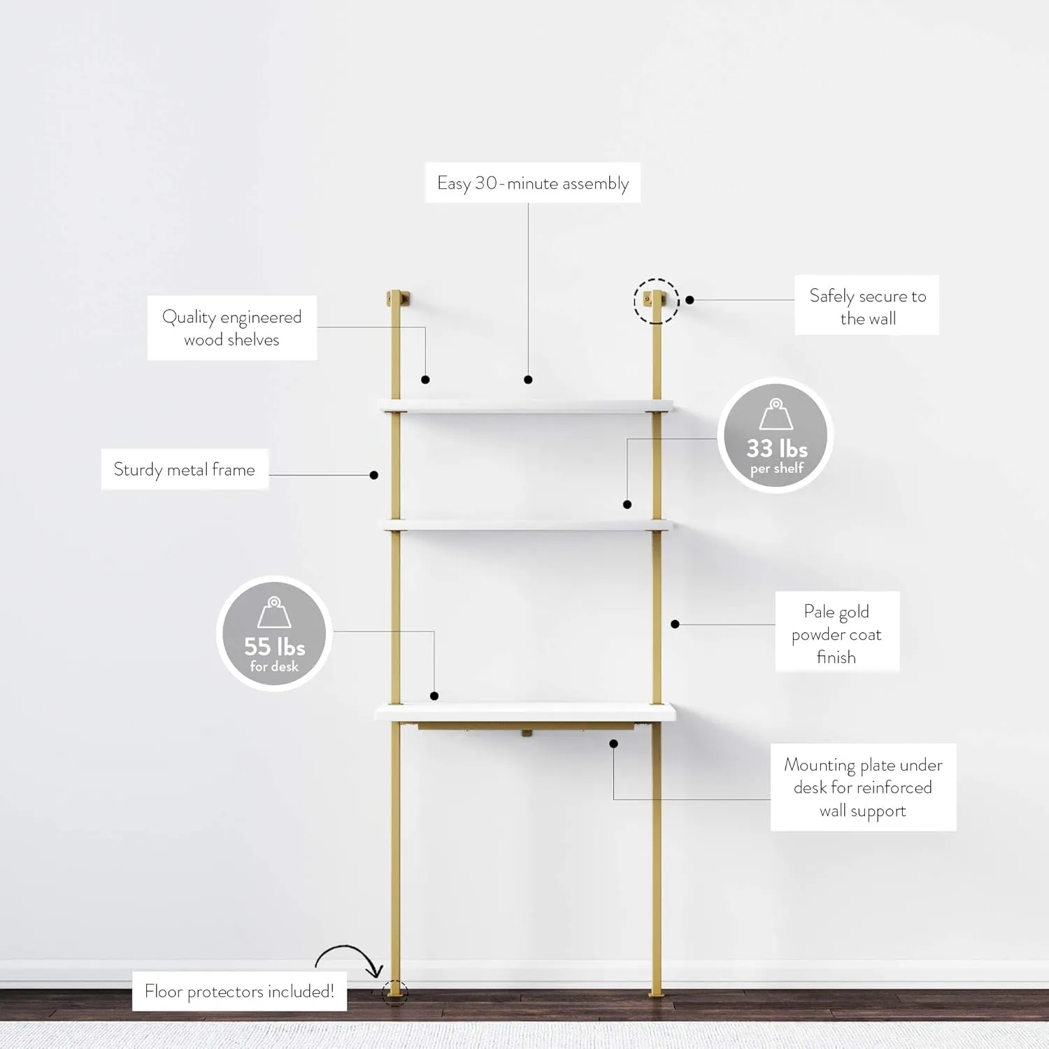 Nathan James Theo 5-Shelf Modern Bookcase, Open Wall Mount Ladder Bookshelf, White/Gold & Theo 2-Shelf Industrial Wall Mount Ladder Small Computer or Writing Desk, White/Gold Brass