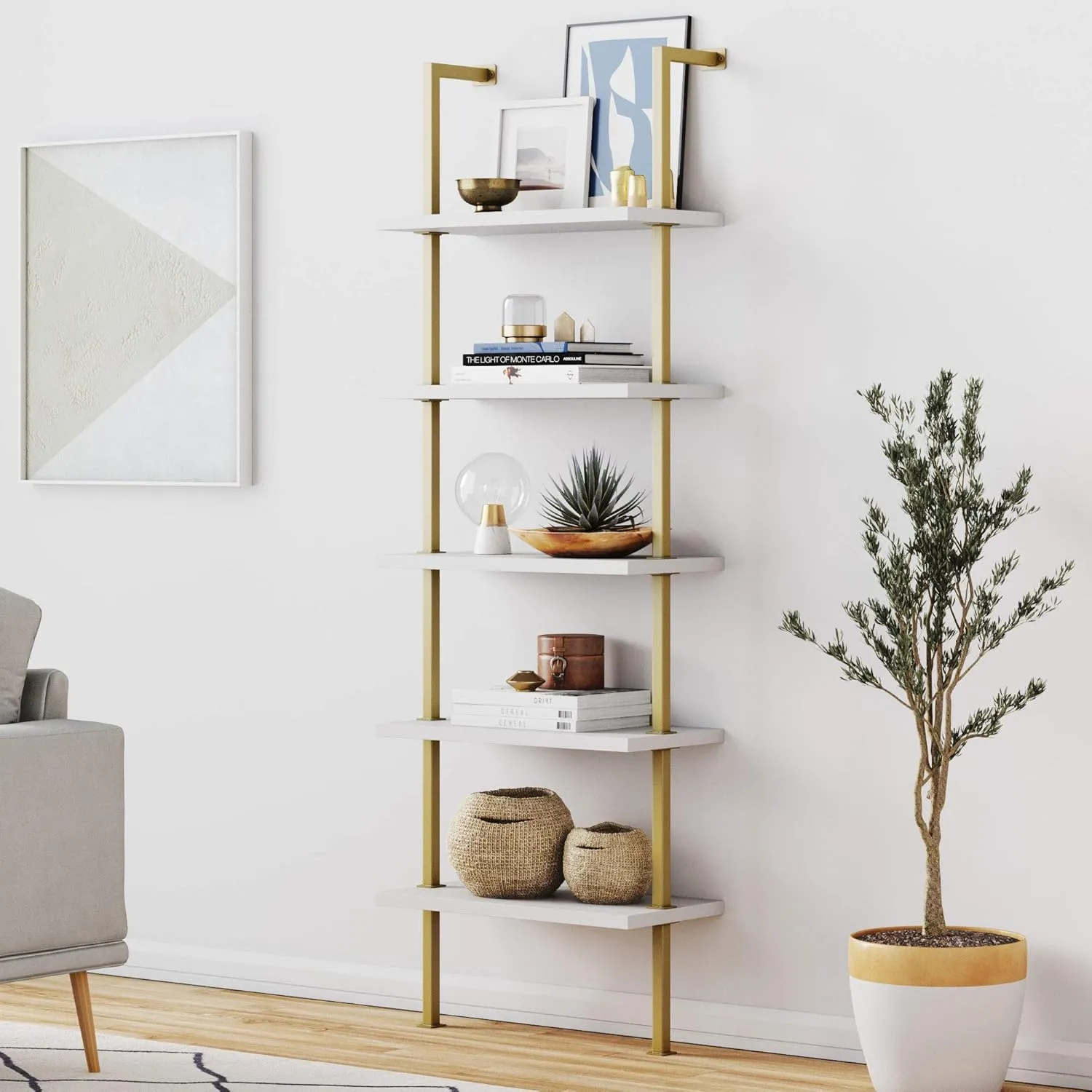 Nathan James Theo 5-Shelf Modern Bookcase, Open Wall Mount Ladder Bookshelf, White/Gold & Theo 2-Shelf Industrial Wall Mount Ladder Small Computer or Writing Desk, White/Gold Brass