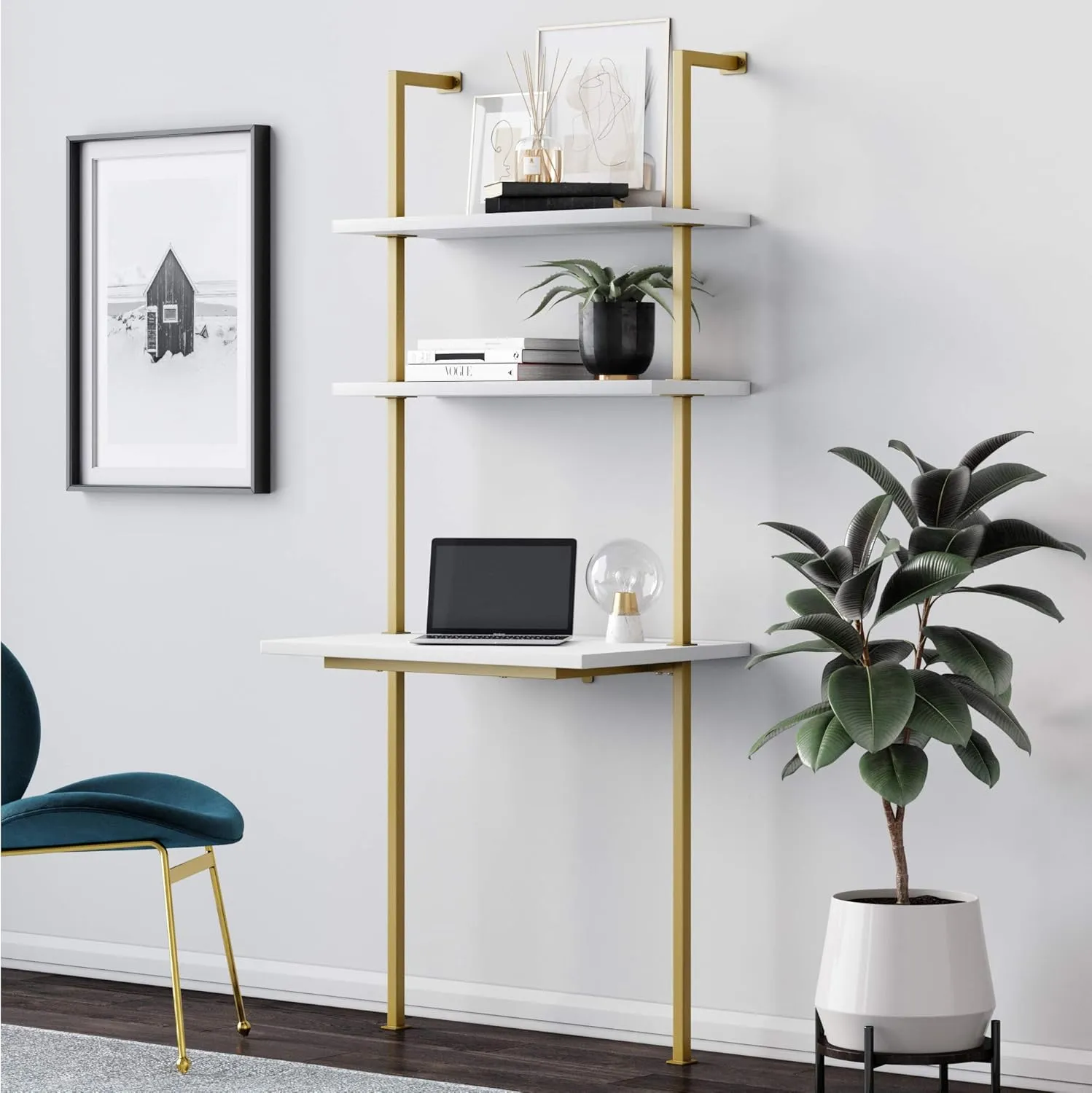 Nathan James Theo 5-Shelf Modern Bookcase, Open Wall Mount Ladder Bookshelf, White/Gold & Theo 2-Shelf Industrial Wall Mount Ladder Small Computer or Writing Desk, White/Gold Brass