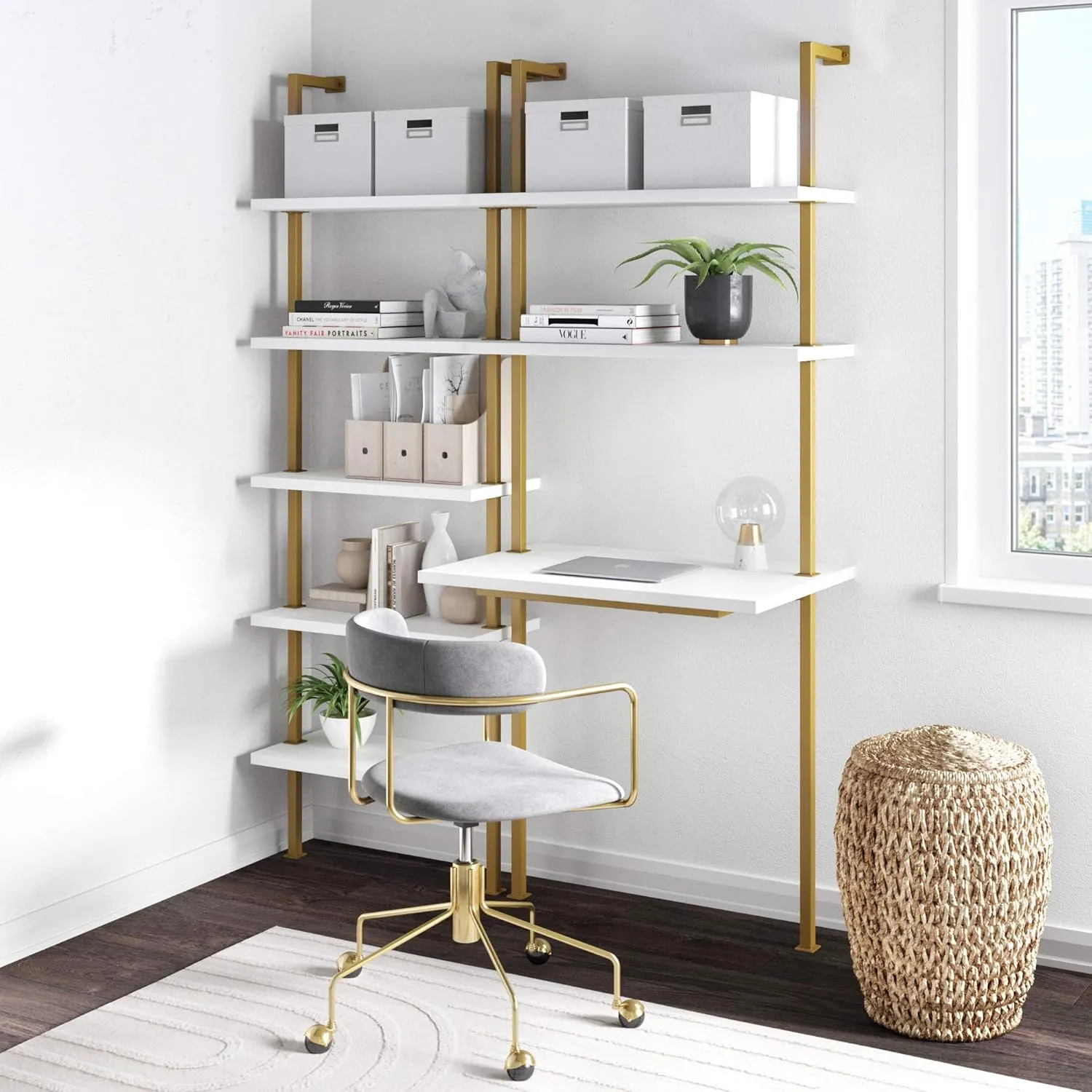 Nathan James Theo 5-Shelf Modern Bookcase, Open Wall Mount Ladder Bookshelf, White/Gold & Theo 2-Shelf Industrial Wall Mount Ladder Small Computer or Writing Desk, White/Gold Brass