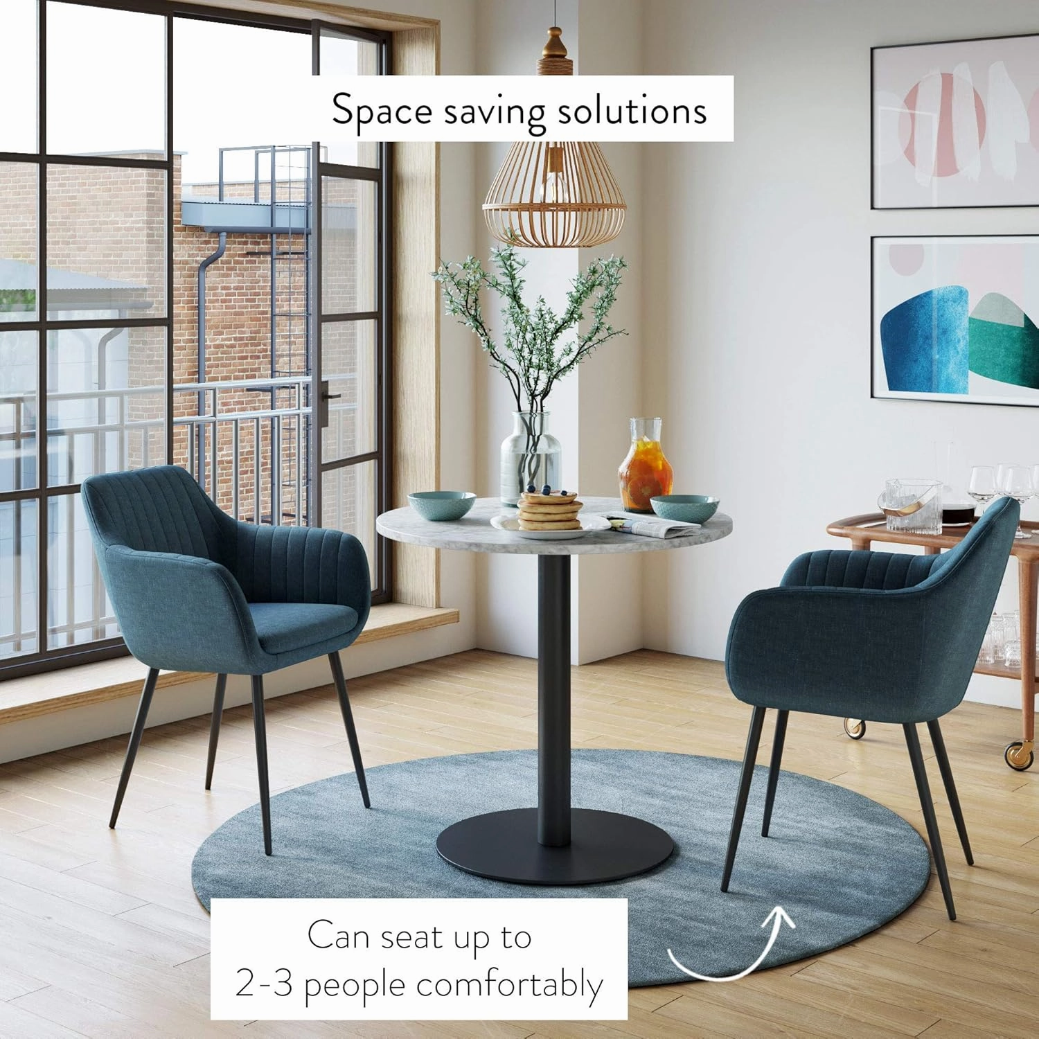 Nathan James Bistro Lucy Small Mid-Century Modern Kitchen or Dining Table with Faux Carrara Marble Top and Brushed Metal Pedestal Base, Black, 31.5D x 31.5W x 29H in