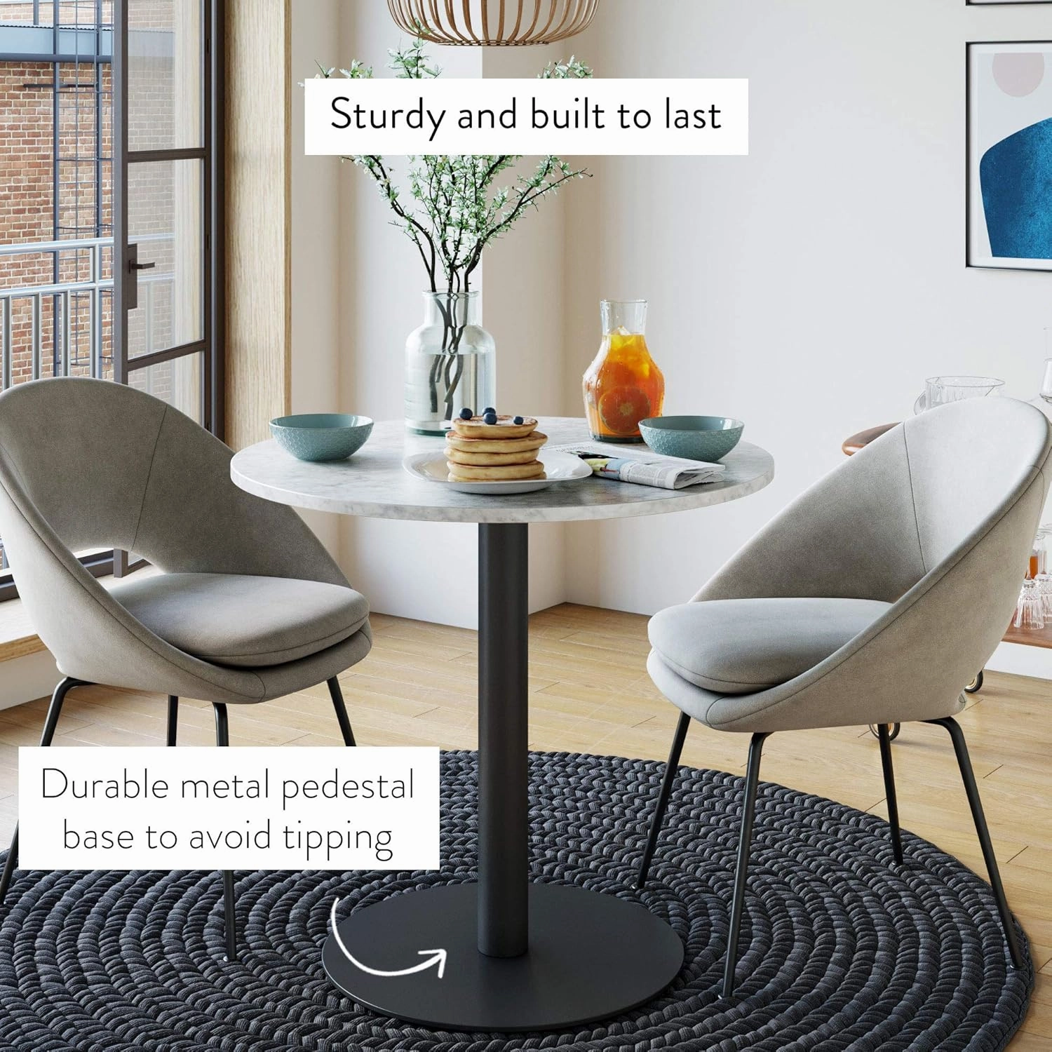 Nathan James Bistro Lucy Small Mid-Century Modern Kitchen or Dining Table with Faux Carrara Marble Top and Brushed Metal Pedestal Base, Black, 31.5D x 31.5W x 29H in