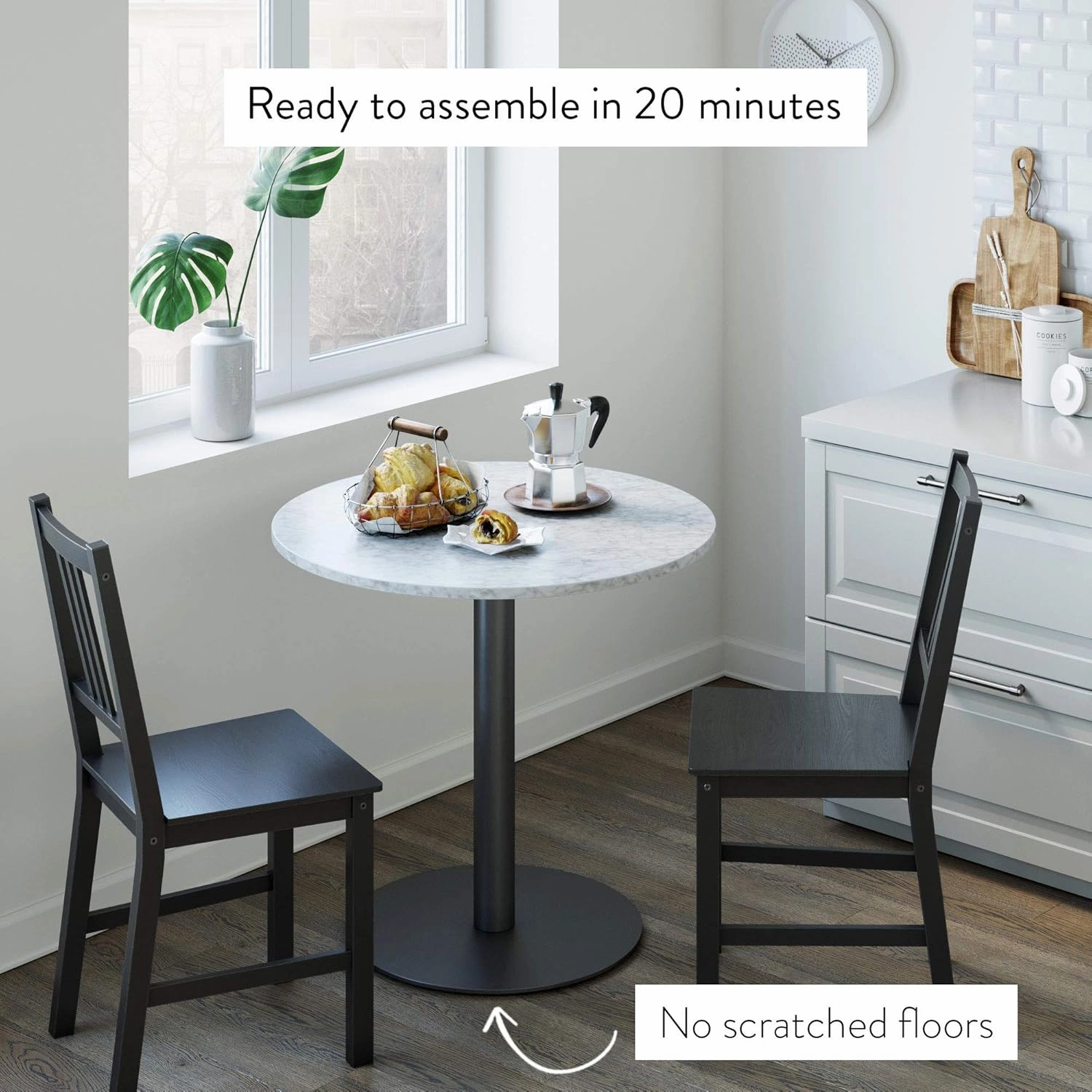 Nathan James Bistro Lucy Small Mid-Century Modern Kitchen or Dining Table with Faux Carrara Marble Top and Brushed Metal Pedestal Base, Black, 31.5D x 31.5W x 29H in
