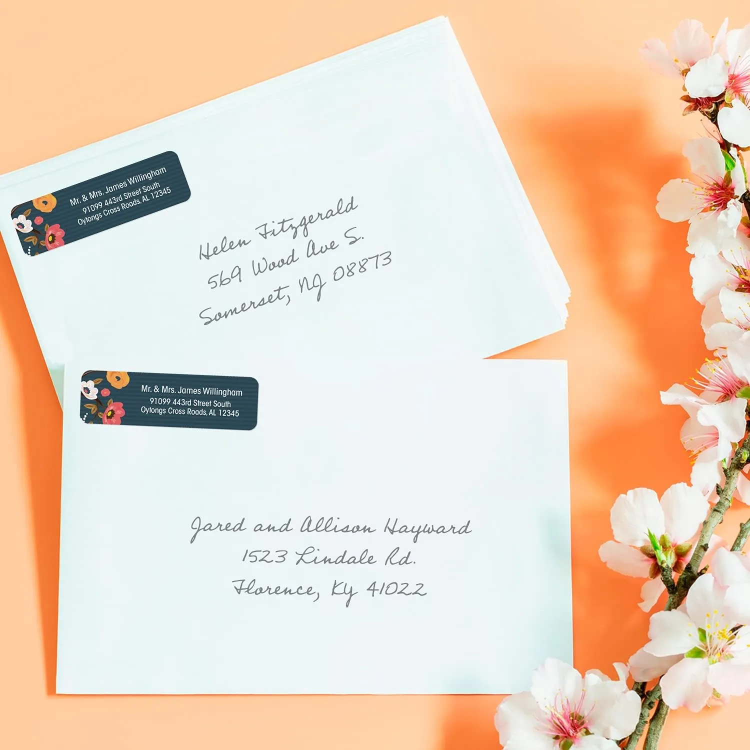 Navy Painted Blossoms Rolled Address Labels/Roll of 500 Personalized Return Address Labels/Designer Return Address Stickers in Elegant Plastic Dispenser