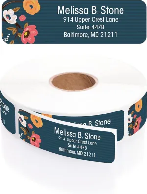 Navy Painted Blossoms Rolled Address Labels/Roll of 500 Personalized Return Address Labels/Designer Return Address Stickers in Elegant Plastic Dispenser
