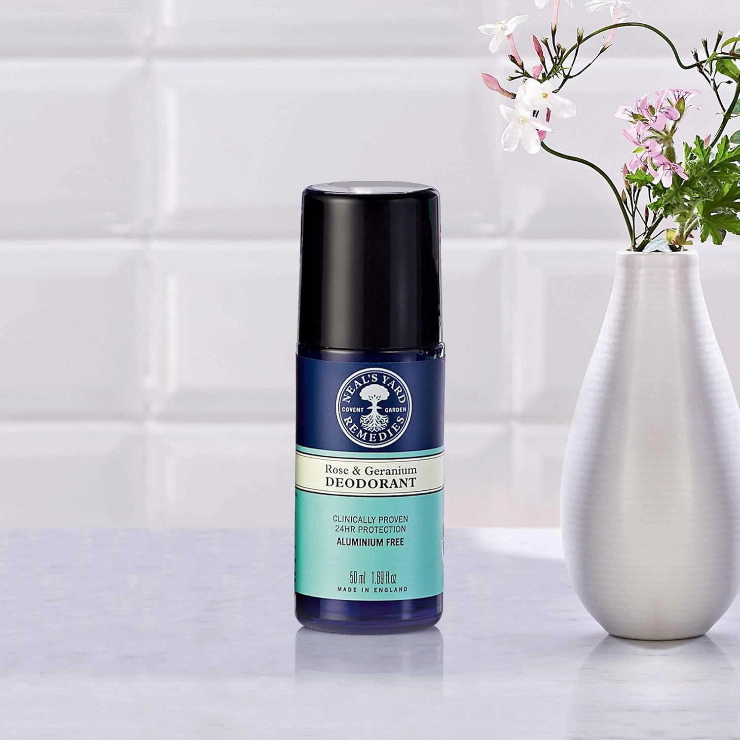 Neal's Yard Roll on Deodorant, 24-Hour Odor Guarding, Moisture-Absorbing Bamboo Powder & Cleansing Shikimic Acid, Aluminum-Free, Rose & Geranium, 50mL