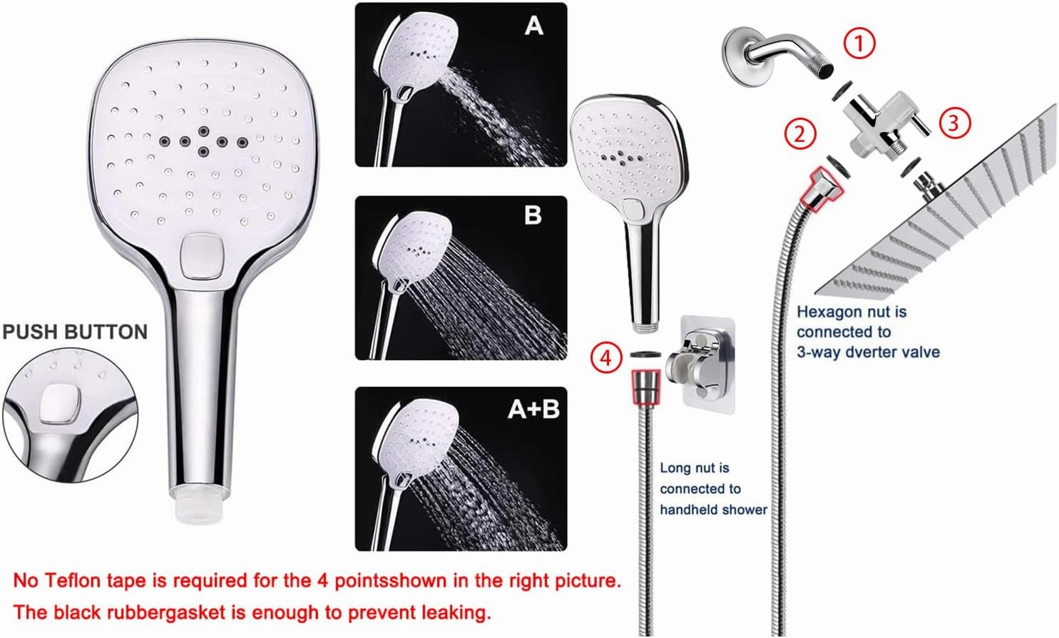 NearMoon Shower Head with Hose, High Pressure Stainless Steel Rain Shower and 3 Settings Handheld Spray Combo with Push Button Flow Control (8 Inch Showerhead Set, Chrome Finish)