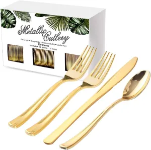 Nervure 300 Piece Gold Plastic Silverware Set - Heavyweight Gold Plastic Cutlery - Disposable Gold Plastic Utensil Include 150 Forks, 75 Knives, 75 Spoons Perfect for Parties & Wedding & Party
