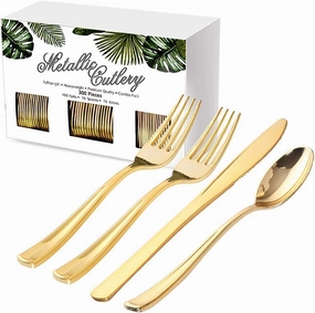 Nervure 300 Piece Gold Plastic Silverware Set - Heavyweight Gold Plastic Cutlery - Disposable Gold Plastic Utensil Include 150 Forks, 75 Knives, 75 Spoons Perfect for Parties & Wedding & Party