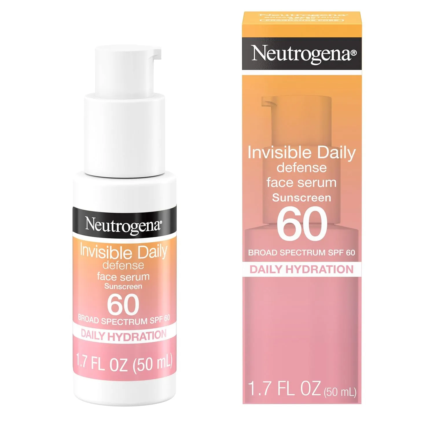 Neutrogena Invisible Daily Defense Face Sunscreen   Hydrating Serum with Broad Spectrum SPF 60 & Antioxidants to Help Skin Glow, Oil-Free, Fragrance Free, 1.7 fl. oz