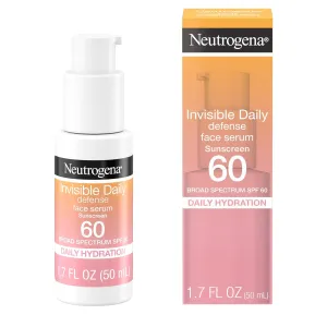 Neutrogena Invisible Daily Defense Face Sunscreen   Hydrating Serum with Broad Spectrum SPF 60 & Antioxidants to Help Skin Glow, Oil-Free, Fragrance Free, 1.7 fl. oz