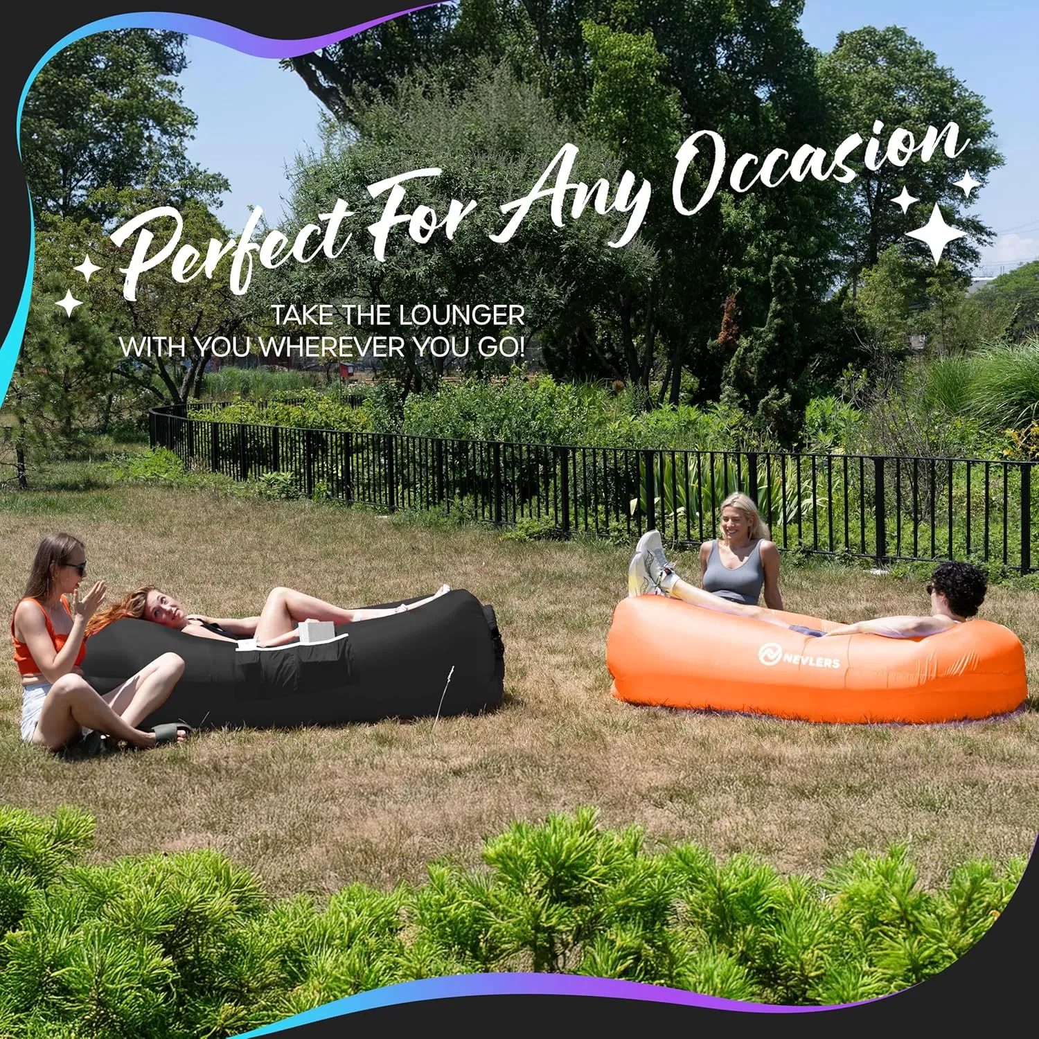 Nevlers 2 Pack Inflatable Loungers Air Sofa Couch | Perfect for Beach Chair Camping Chairs or Portable Hammock |Travel Bag Pouch, Pegs & 3 Pockets| Movie Seating & Camping Accessories Blow Up Lounger