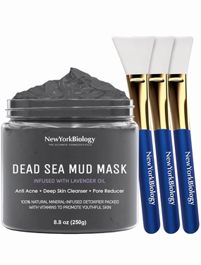 New York Biology Dead Sea Mud Mask for Face and Body Infused with Lavender with 3 pcs Face Mask Brush Applicators - Spa Quality Pore Reducer for Acne, Blackheads and Oily Skin