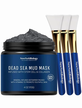 New York Biology Dead Sea Mud Mask for Face and Body Infused with Stem Cell and Collagen with 3 pcs Face Mask Brush Applicators - Spa Quality Pore Reducer for Acne, Blackheads and Oily Skin