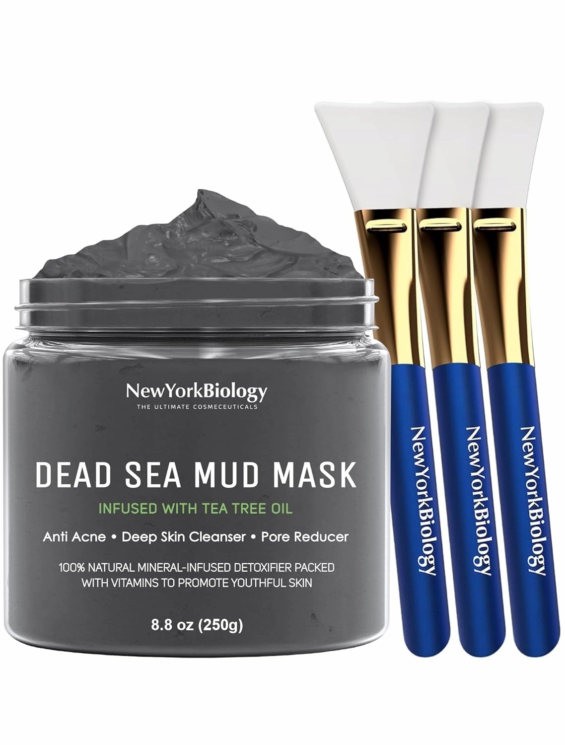 New York Biology Dead Sea Mud Mask for Face and Body Infused with Tea Tree with 3 pcs Face Mask Brush Applicators - Spa Quality Pore Reducer for Acne, Blackheads and Oily Skin