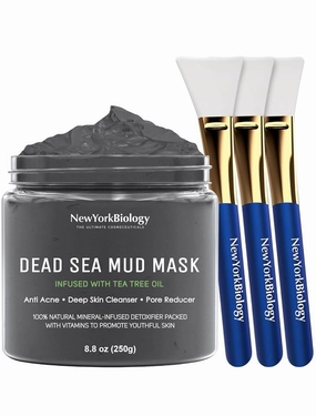 New York Biology Dead Sea Mud Mask for Face and Body Infused with Tea Tree with 3 pcs Face Mask Brush Applicators - Spa Quality Pore Reducer for Acne, Blackheads and Oily Skin