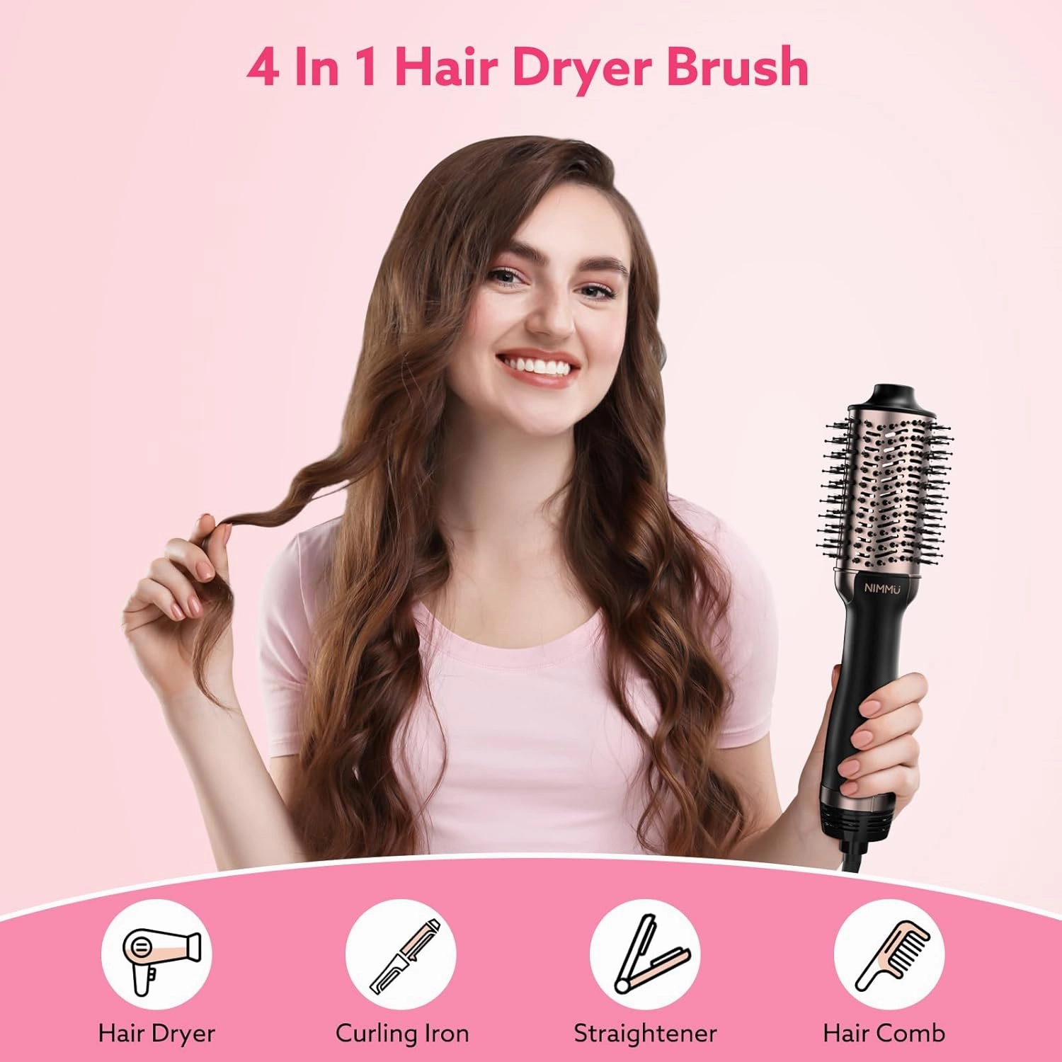 Nimmu Hair Dryer Brush Blow Dryer Brush in One, 4 in 1 Hair Dryer and Styler Volumizer for Drying Straightening Curling Volumizing Hair, Upgraded Hot Air Brush with 2.4” Oval Barrel, Black Gold