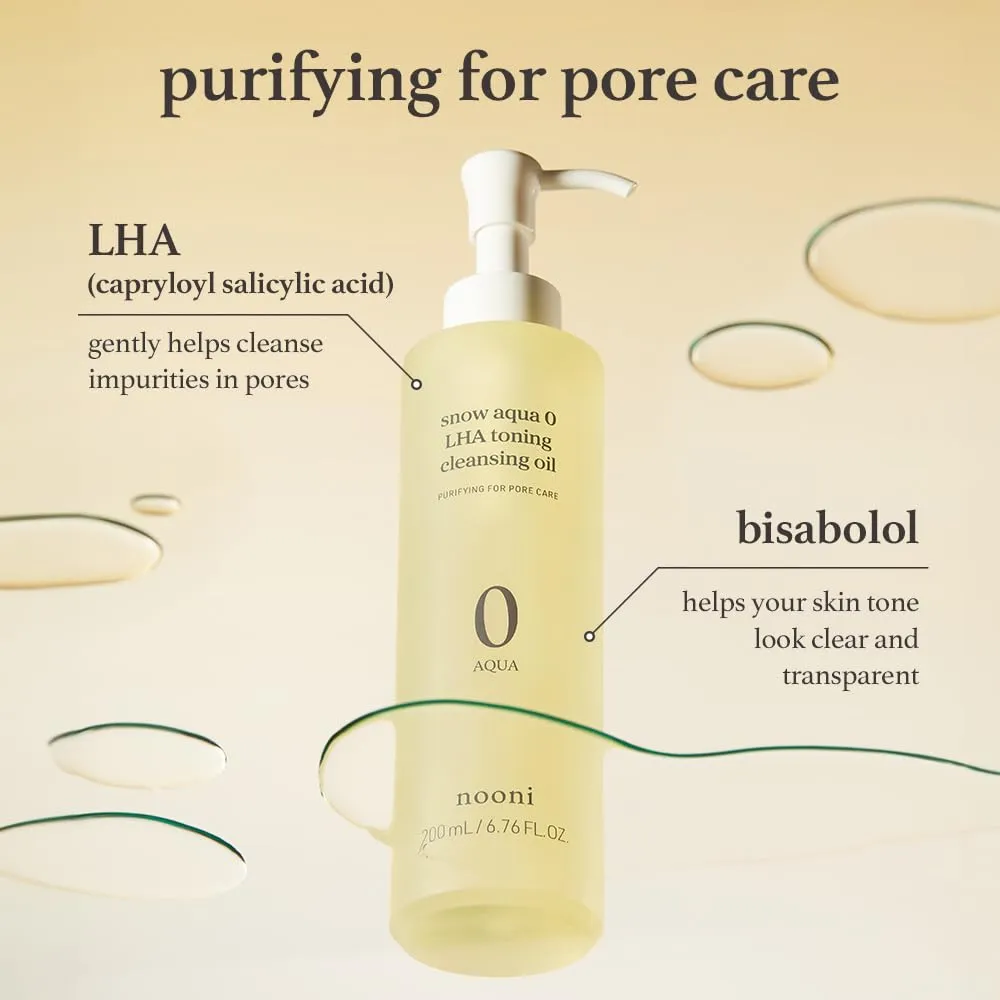 NOONI Facial Cleanser - Snow Aqua 0 LHA Toning Cleansing Oil | Makeup Blackhead Remover, Pore Control, Glass Skin, Help Control Sebum, Revitalizing, Mother's Day, 6.76 Fl Oz (200 ml)
