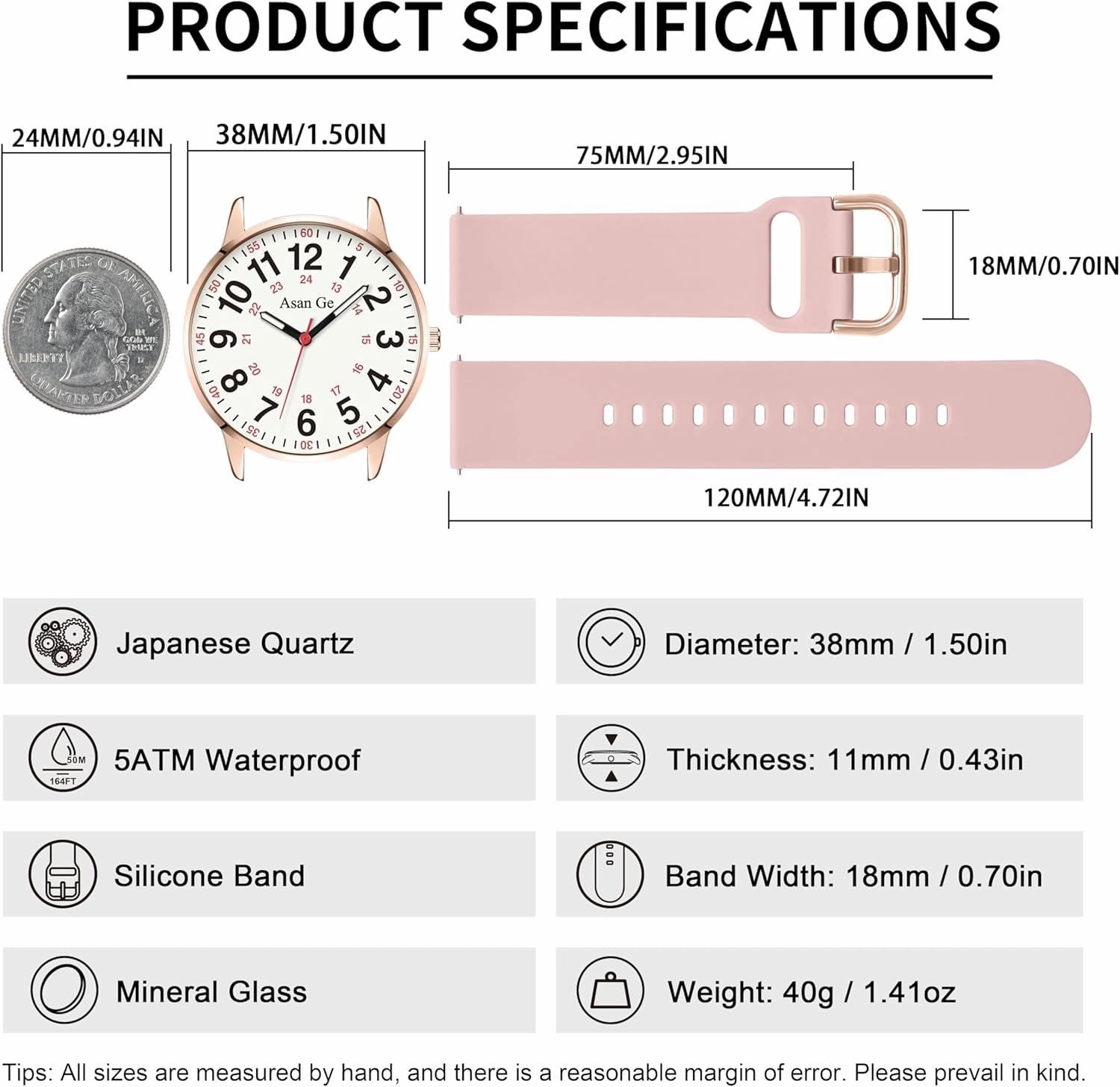 Nurse Watch for Nurse Medical Professionals Students Doctors Women Men Waterproof Watch 24 Hour Military Time Luminouse Easy to Read Dial with Second Hand