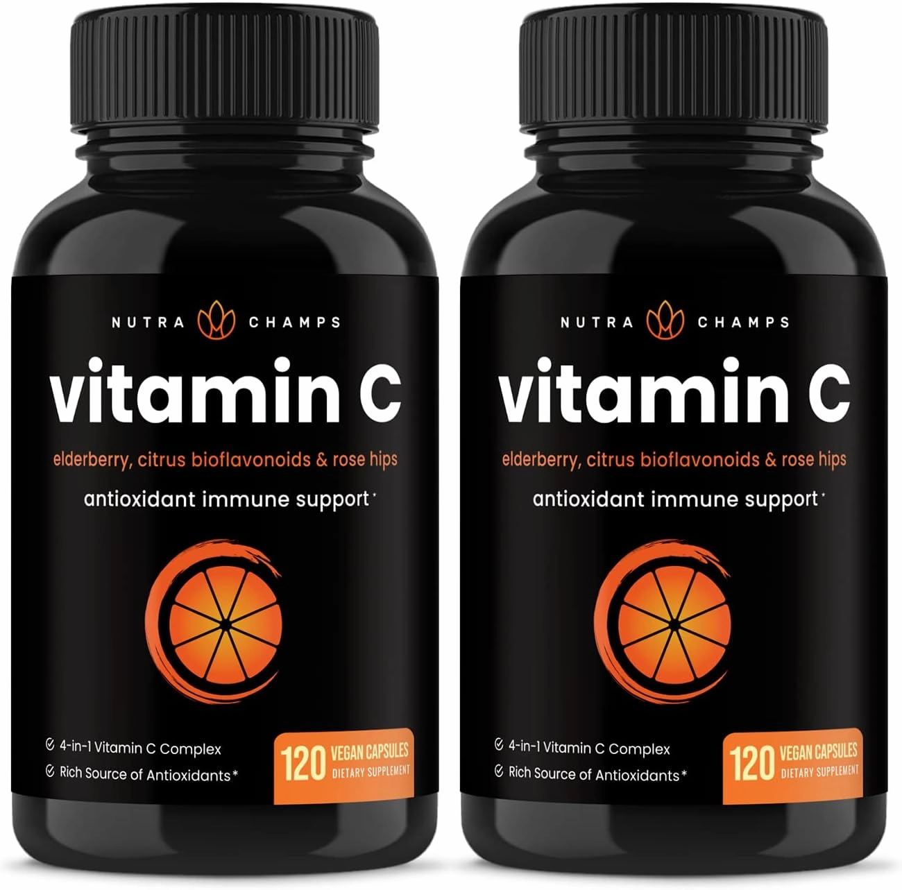 NutraChamps (2 Pack) Vitamin C 1000mg with Elderberry, Citrus Bioflavonoids & Rose HIPS - 120 Capsules Vegan, Non-GMO Antioxidant Supplement for Immune Health & Collagen Production 500mg Powder Pills