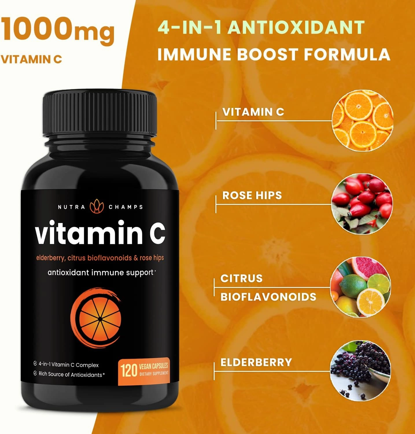 NutraChamps (2 Pack) Vitamin C 1000mg with Elderberry, Citrus Bioflavonoids & Rose HIPS - 120 Capsules Vegan, Non-GMO Antioxidant Supplement for Immune Health & Collagen Production 500mg Powder Pills