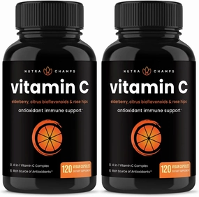 NutraChamps (2 Pack) Vitamin C 1000mg with Elderberry, Citrus Bioflavonoids & Rose HIPS - 120 Capsules Vegan, Non-GMO Antioxidant Supplement for Immune Health & Collagen Production 500mg Powder Pills