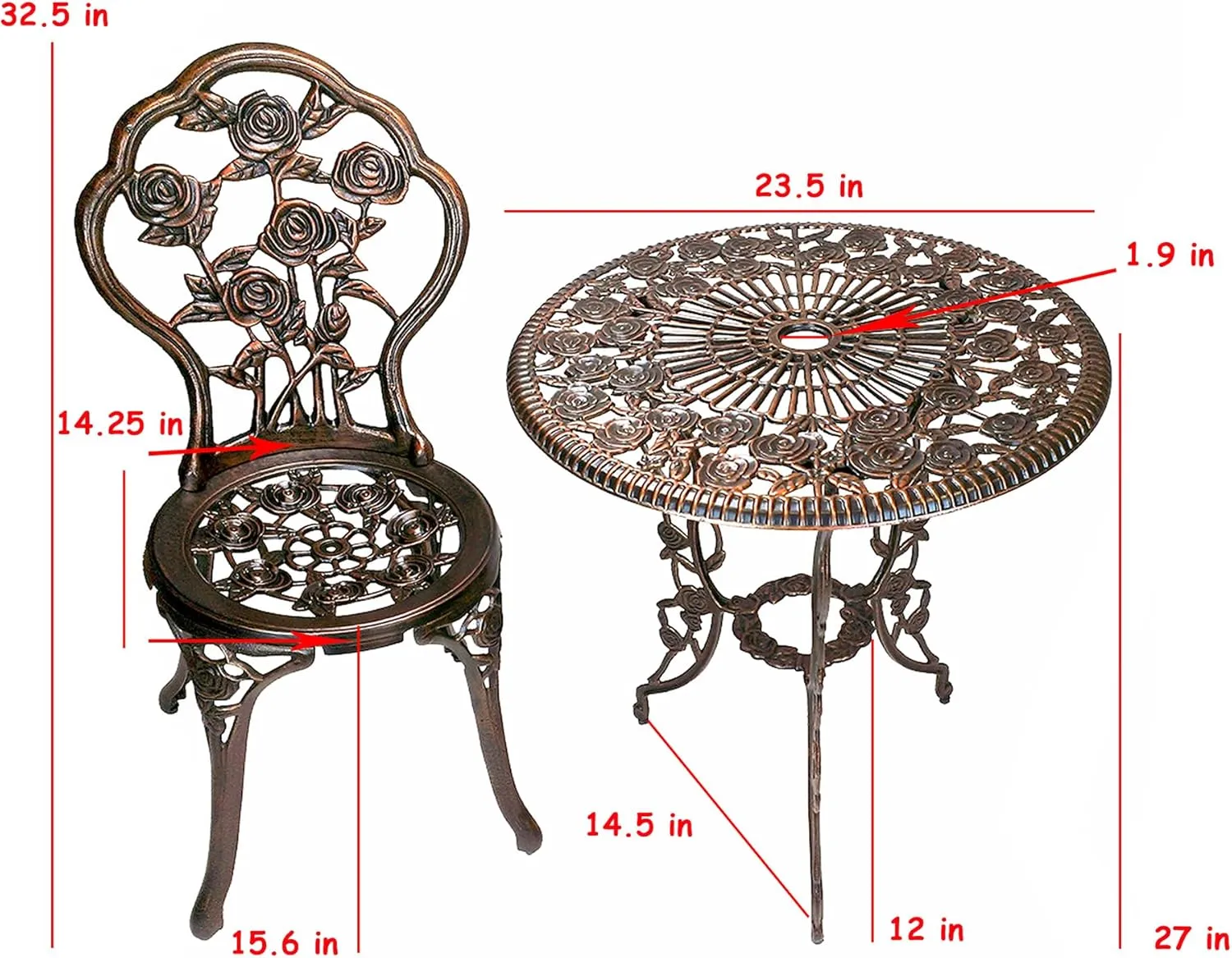 Oakland Living 3-Piece Rose Bistro Set with 23.5-Inch Cast aluminum Top Table