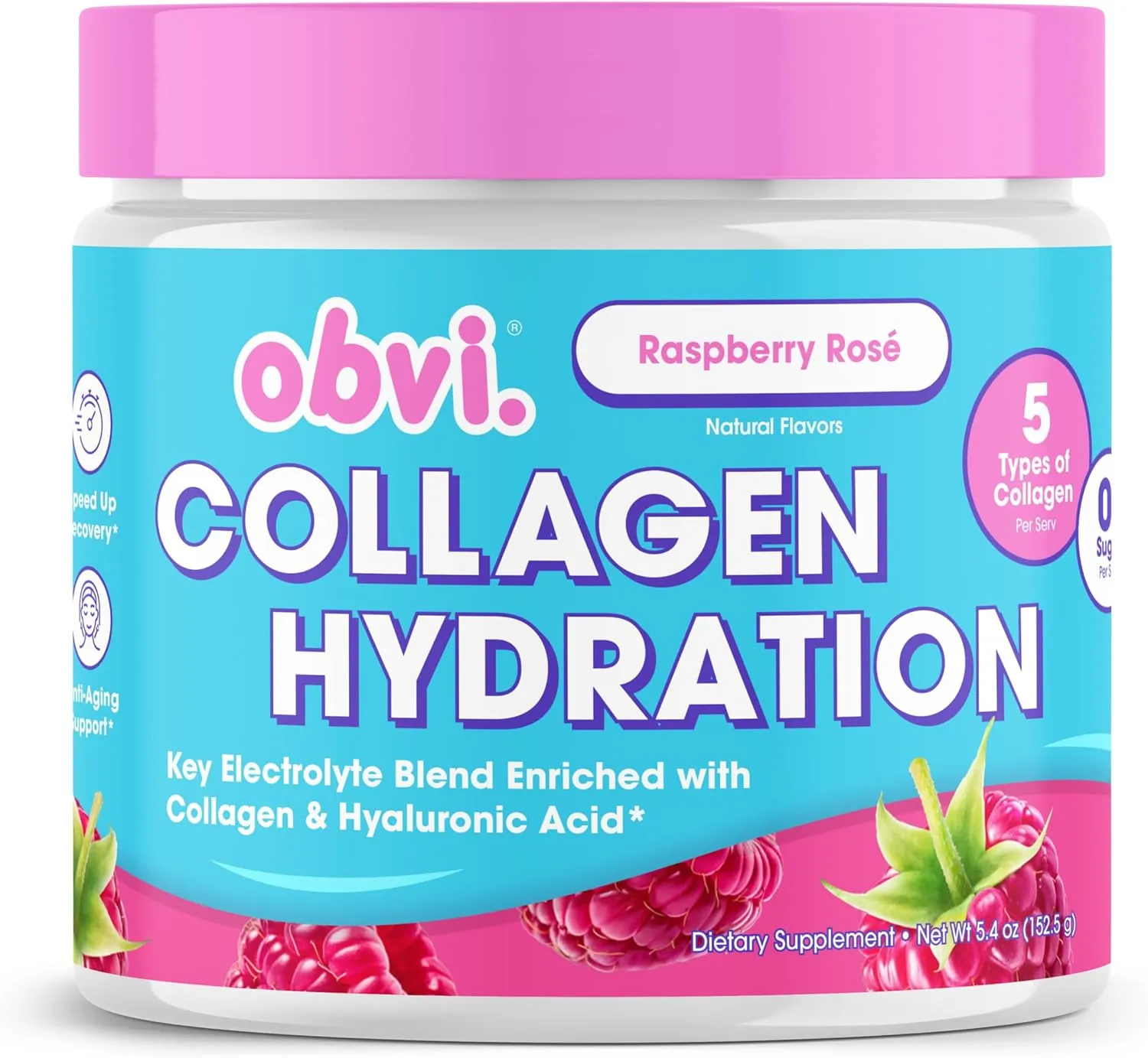 Obvi Hydration Powder | Electrolyte & Collagen Peptide Complex | 5 Types of Collagen with Hyaluronic Acid | Supports Skin Elasticity & Joint Health | Sugar-Free | Raspberry Rose, 30 Servings