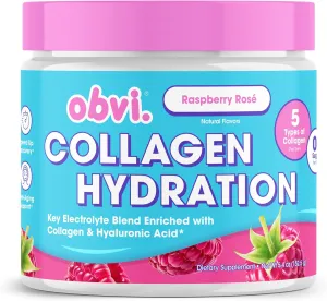 Obvi Hydration Powder | Electrolyte & Collagen Peptide Complex | 5 Types of Collagen with Hyaluronic Acid | Supports Skin Elasticity & Joint Health | Sugar-Free | Raspberry Rose, 30 Servings