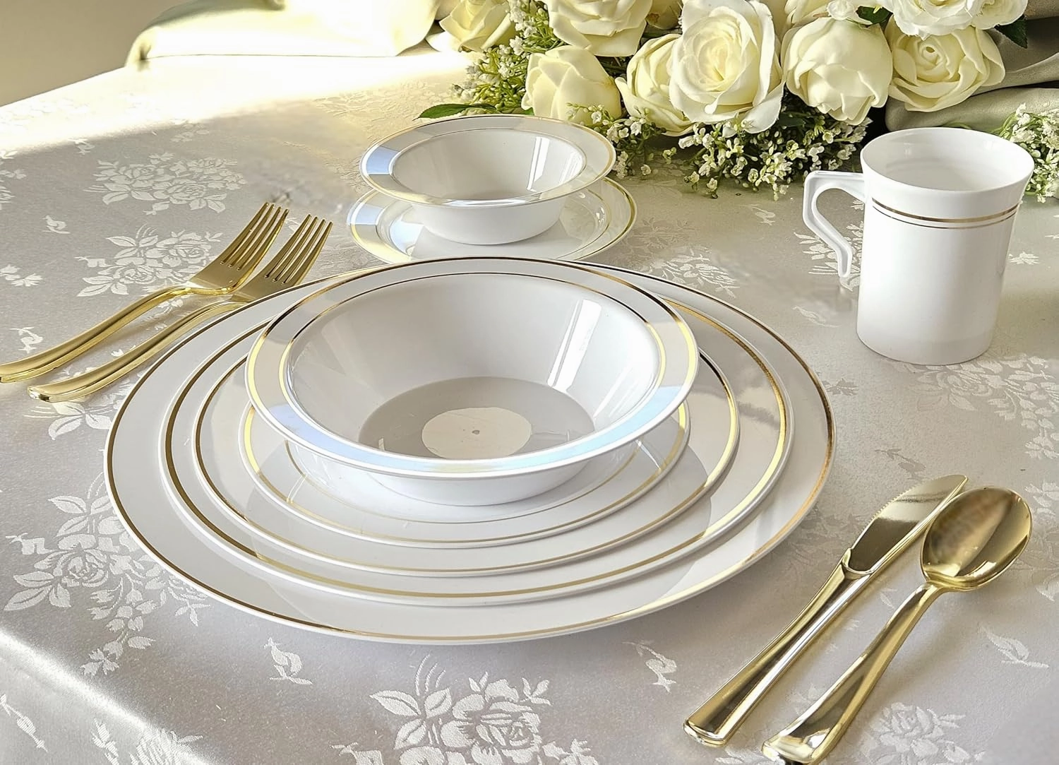 OCCASIONS 120 pcs Chargers pack Wedding Party 12'' Disposable Plastic Charger Plates/Charger (Celebration in White & Gold Rim)