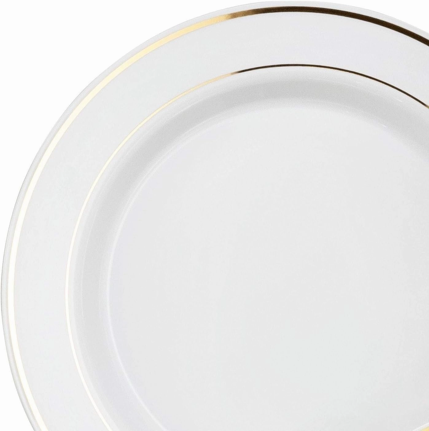 OCCASIONS 120 Plates Pack Heavyweight Premium Disposable Plastic Plates Set Bundle (60 x 10.5'' Dinner   60 x 6'' Cake plates) (White with Gold Rim)