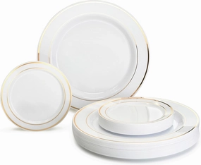 OCCASIONS 120 Plates Pack Heavyweight Premium Disposable Plastic Plates Set Bundle (60 x 10.5'' Dinner   60 x 6'' Cake plates) (White with Gold Rim)