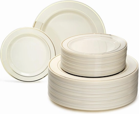 OCCASIONS 240 Plates Pack,(120 Guests) Heavyweight Premium Wedding Party Disposable Plastic Plates Set -120 x 10.5'' Dinner   120 x 7.5'' Salad/Dessert (Ivory & Gold Rim)