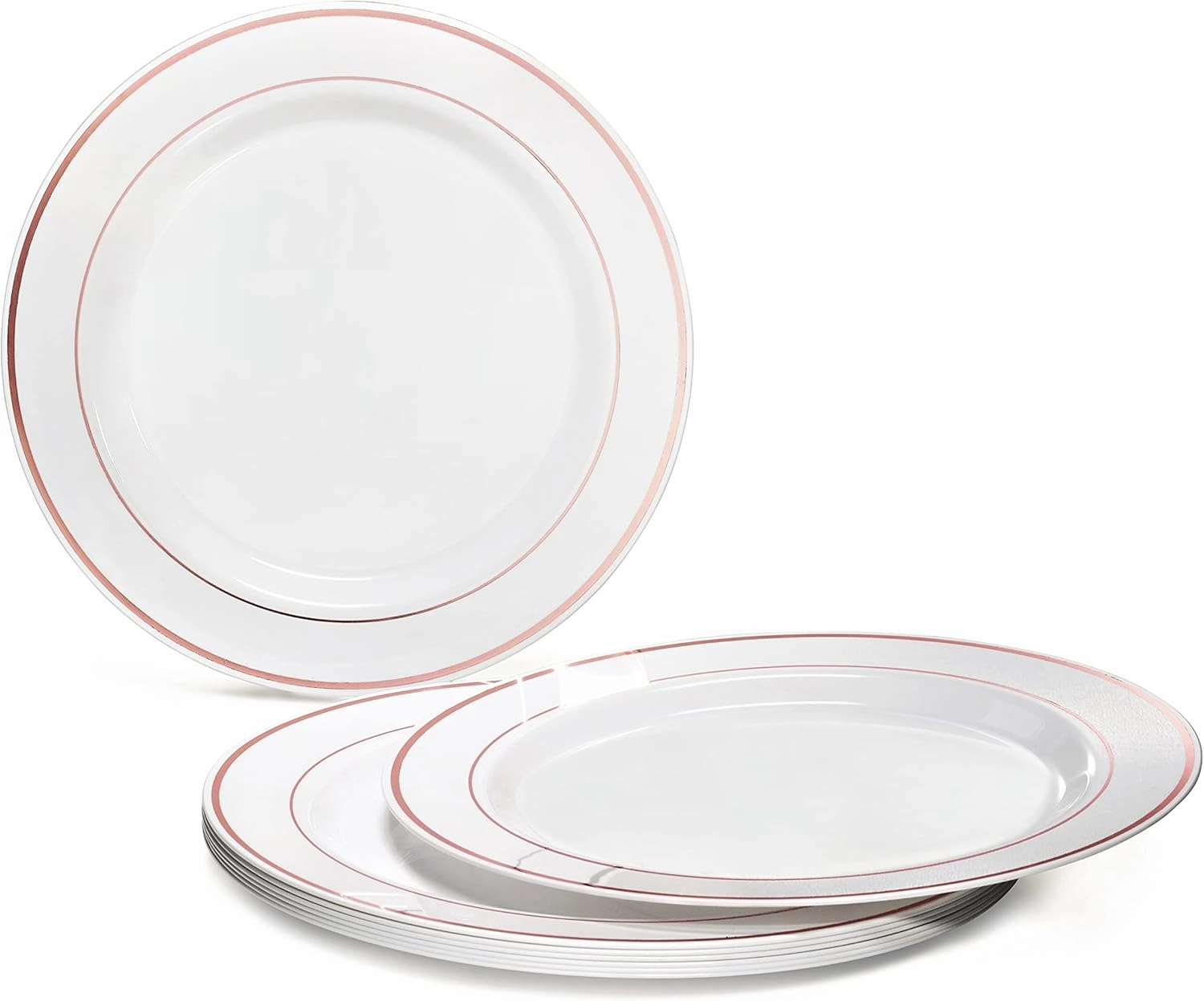 OCCASIONS 240 Plates Pack,(120 Guests) Heavyweight Premium Wedding Party Disposable Plastic Plates Set -120 x 10.5'' Dinner   120 x 7.5'' Salad/Dessert (White & Rose Gold Rim)