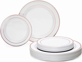 OCCASIONS 240 Plates Pack,(120 Guests) Heavyweight Premium Wedding Party Disposable Plastic Plates Set -120 x 10.5'' Dinner   120 x 7.5'' Salad/Dessert (White & Rose Gold Rim)