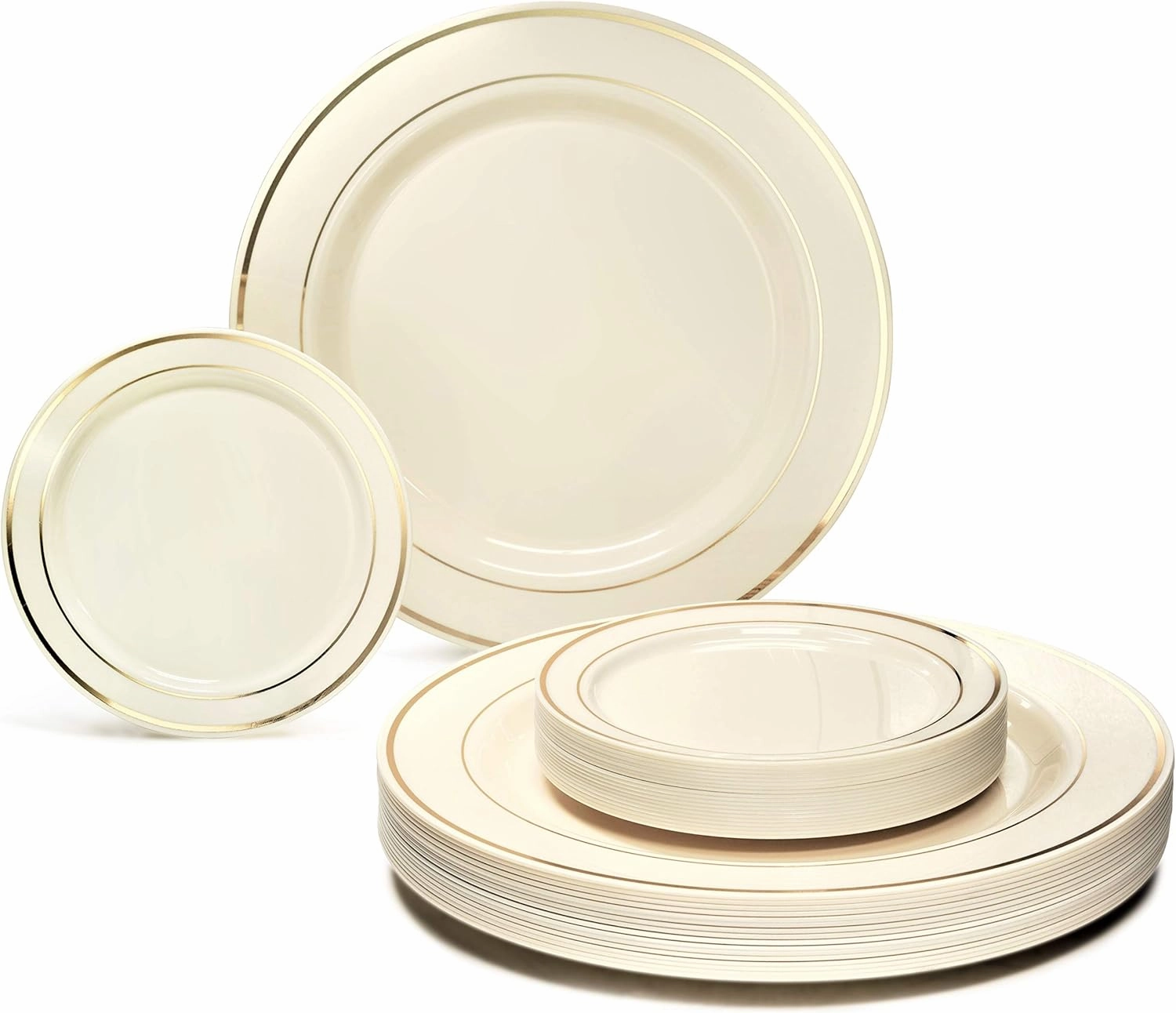 OCCASIONS 240 Premium Disposable Plastic Plates Set - 120 Dinner (10.5")   120 Dessert/Cake (6.25") - Ivory With Gold Rim