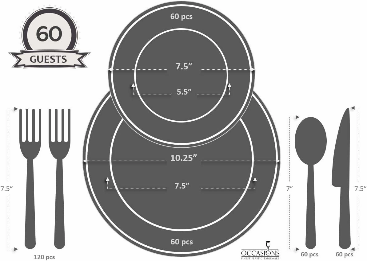 OCCASIONS 360 Pcs set (60 guest) Wedding Disposable Plastic Plate and Silverware Combo 10.25"   7.5"   Silverware (Double Fork) (Portofino Plain Ivory, Gold Silverware)