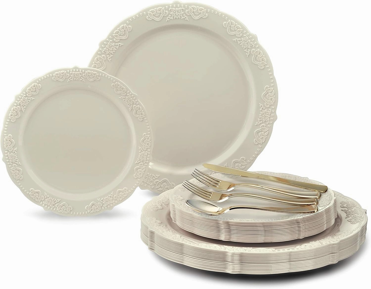 OCCASIONS 360 Pcs set (60 guest) Wedding Disposable Plastic Plate and Silverware Combo 10.25"   7.5"   Silverware (Double Fork) (Portofino Plain Ivory, Gold Silverware)