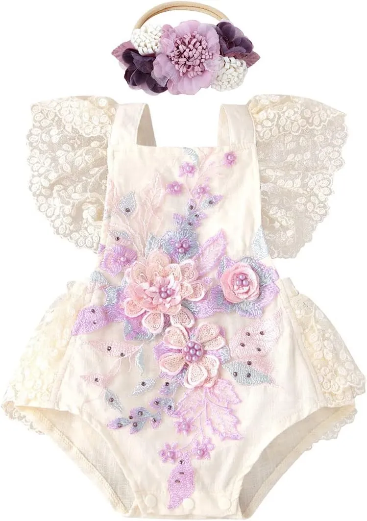 ODASDO Baby Girl Lace Romper Delicate Embroidery Backless Bodysuit with Flower Headband 2pcs Cake Smash Outfit…