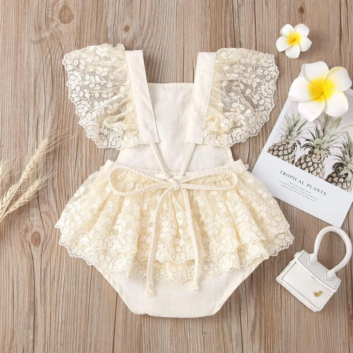 ODASDO Baby Girl Lace Romper Delicate Embroidery Backless Bodysuit with Flower Headband 2pcs Cake Smash Outfit…