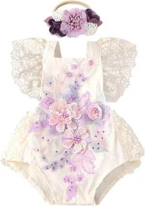 ODASDO Baby Girl Lace Romper Delicate Embroidery Backless Bodysuit with Flower Headband 2pcs Cake Smash Outfit…