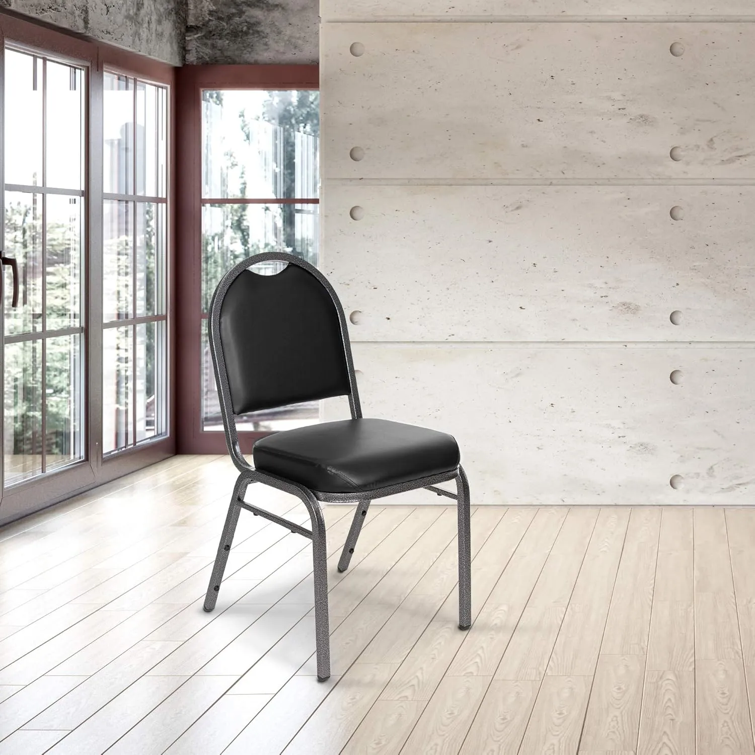 OEF Furnishings (Pack of 2) Premium Vinyl Upholstered Stack Banquet Chair, Black/Silver