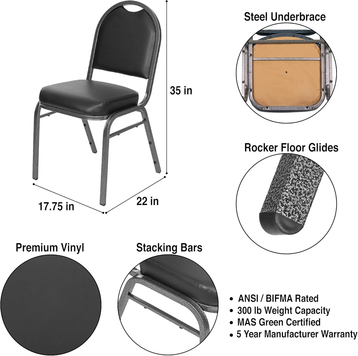 OEF Furnishings (Pack of 2) Premium Vinyl Upholstered Stack Banquet Chair, Black/Silver