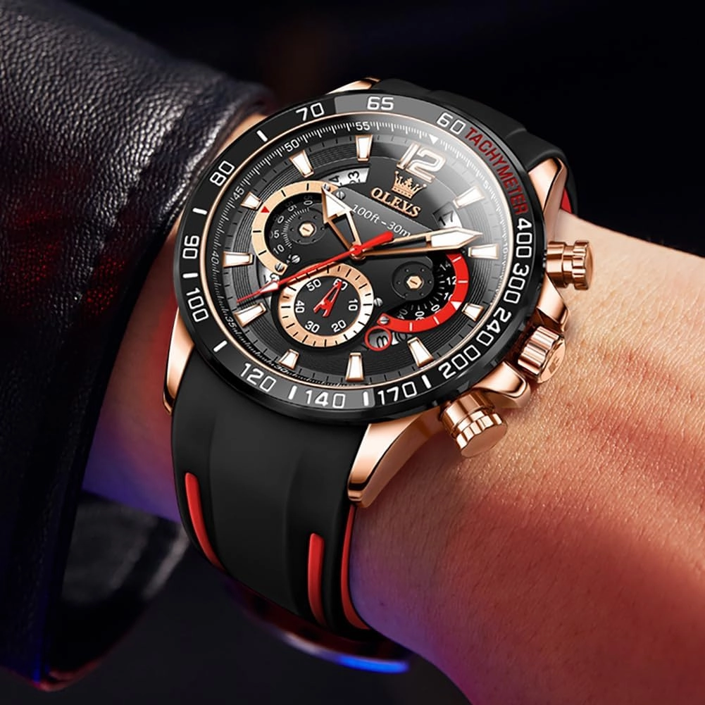 OLEVS Stylish Wrist Watch for Men,Silicone Strap Men Watches,Pro Diver Stainless Steel Chronograph Watch,Waterproof Date Dress Watch for Man,Large Face Male Watch