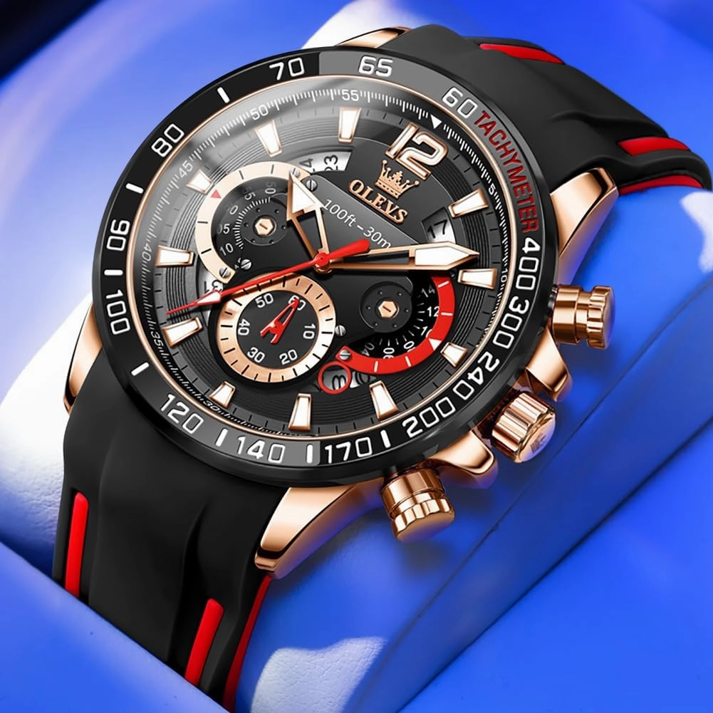 OLEVS Stylish Wrist Watch for Men,Silicone Strap Men Watches,Pro Diver Stainless Steel Chronograph Watch,Waterproof Date Dress Watch for Man,Large Face Male Watch