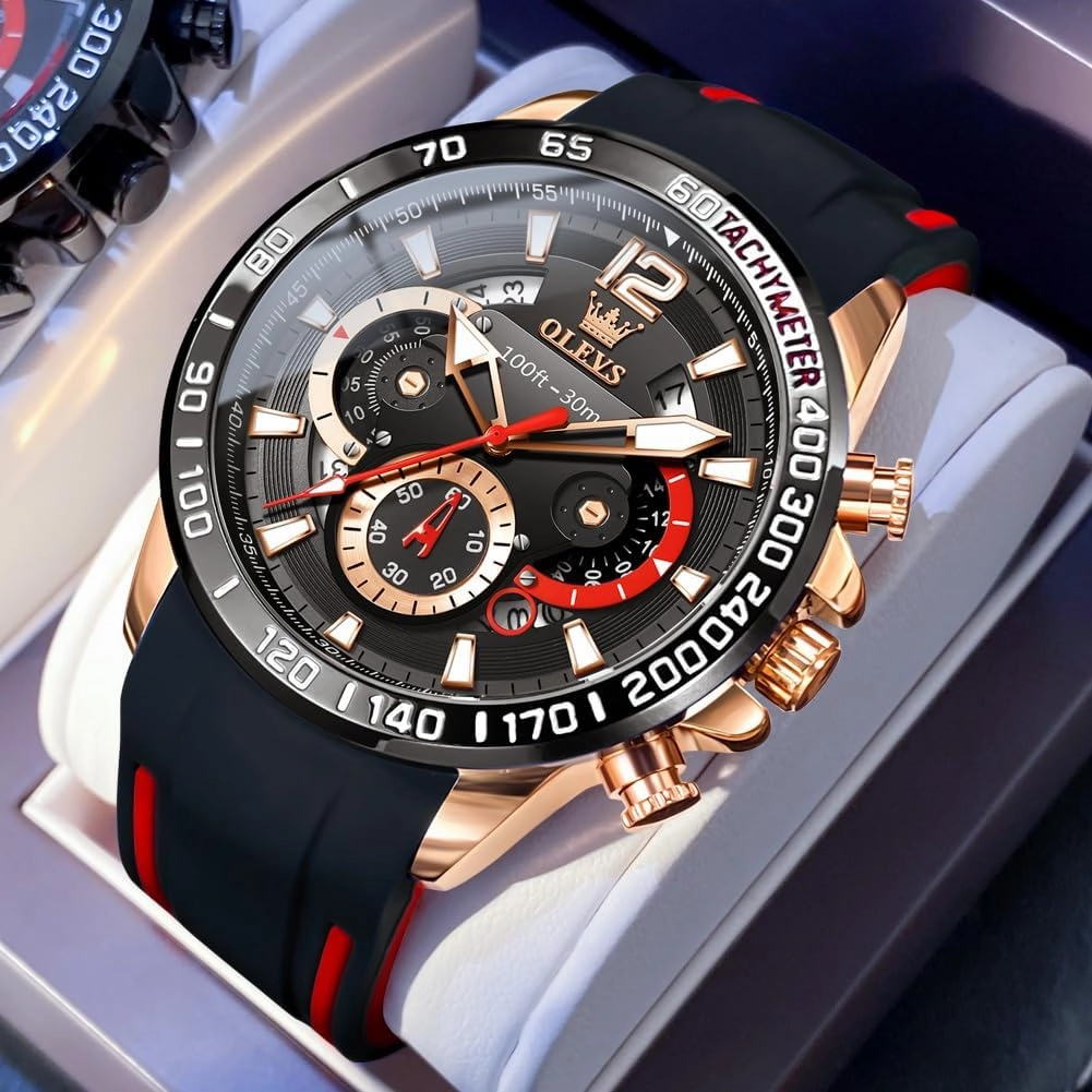 OLEVS Stylish Wrist Watch for Men,Silicone Strap Men Watches,Pro Diver Stainless Steel Chronograph Watch,Waterproof Date Dress Watch for Man,Large Face Male Watch