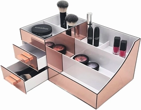OnDisplay Cindy 2 Drawer Tiered Mirrored Acrylic Makeup/Jewelry Organizer - Mirror Panel Organization Station for Cosmetics, Jewelry or Office/Desk Supplies (Rose Gold)