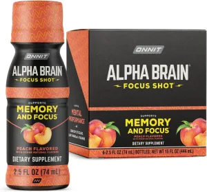 ONNIT Alpha Brain Focus Shot, Peach Flavor, Nootropic Dietary Supplement Drink That Supports Energy, Focus, and Mood, 2.5 fl oz, 6 Count