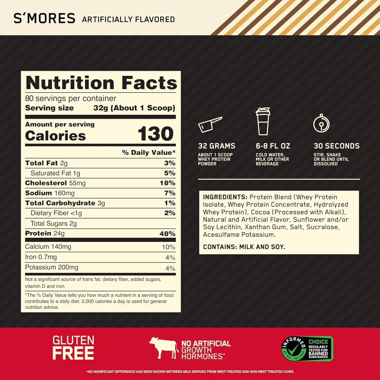 Optimum Nutrition 100% Gold Standard Whey Protein Powder - Protein Powder with a Blend of Hydrolyzed, Isolate & Whey - for Muscle Recovery - S'Mores, 5.64 lb (80 Servings)